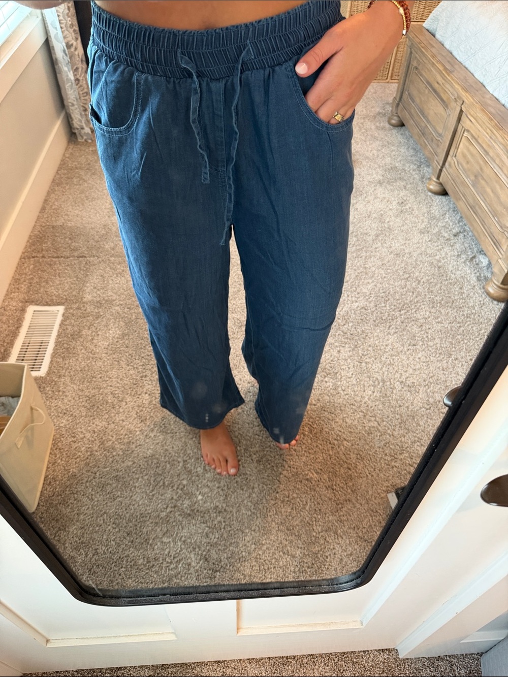 Wide Leg Drawstring Pants - Deep Denim Blue